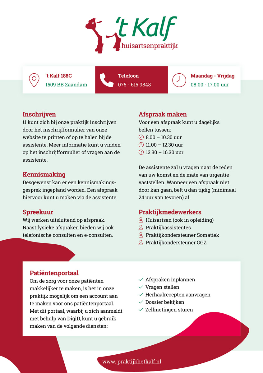 Achterzijde flyer voor Huisartsenpraktijk 't Kalf