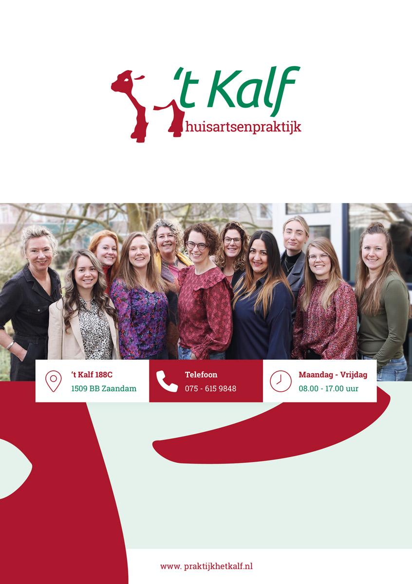 Achterzijde flyer voor Huisartsenpraktijk 't Kalf